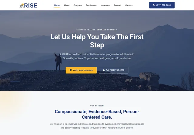 Arise Treatment Center home page with a mountain hero and insurance verification buttons.