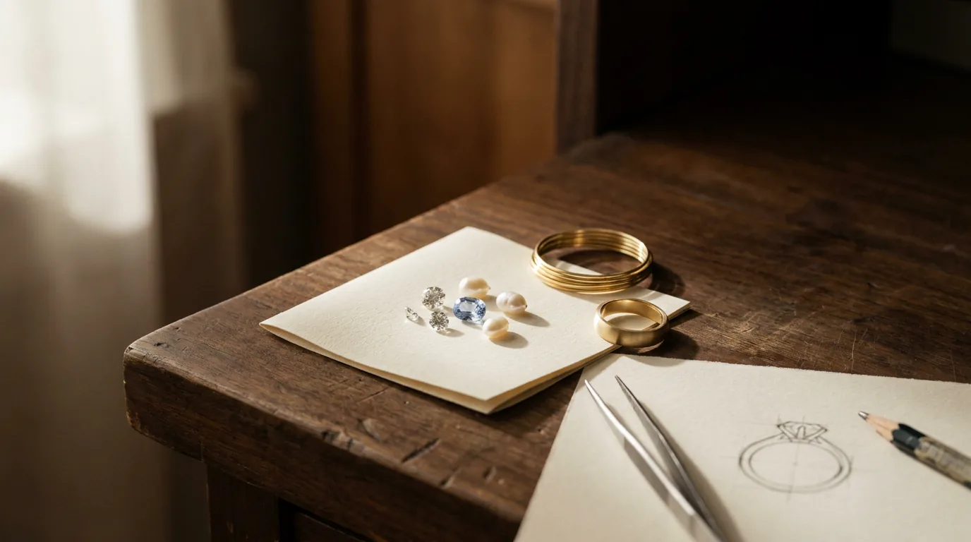 Loose diamonds, a sapphire and pearls on cream paper beside gold bands, tweezers and a pencil sketch of a ring on a wooden bench