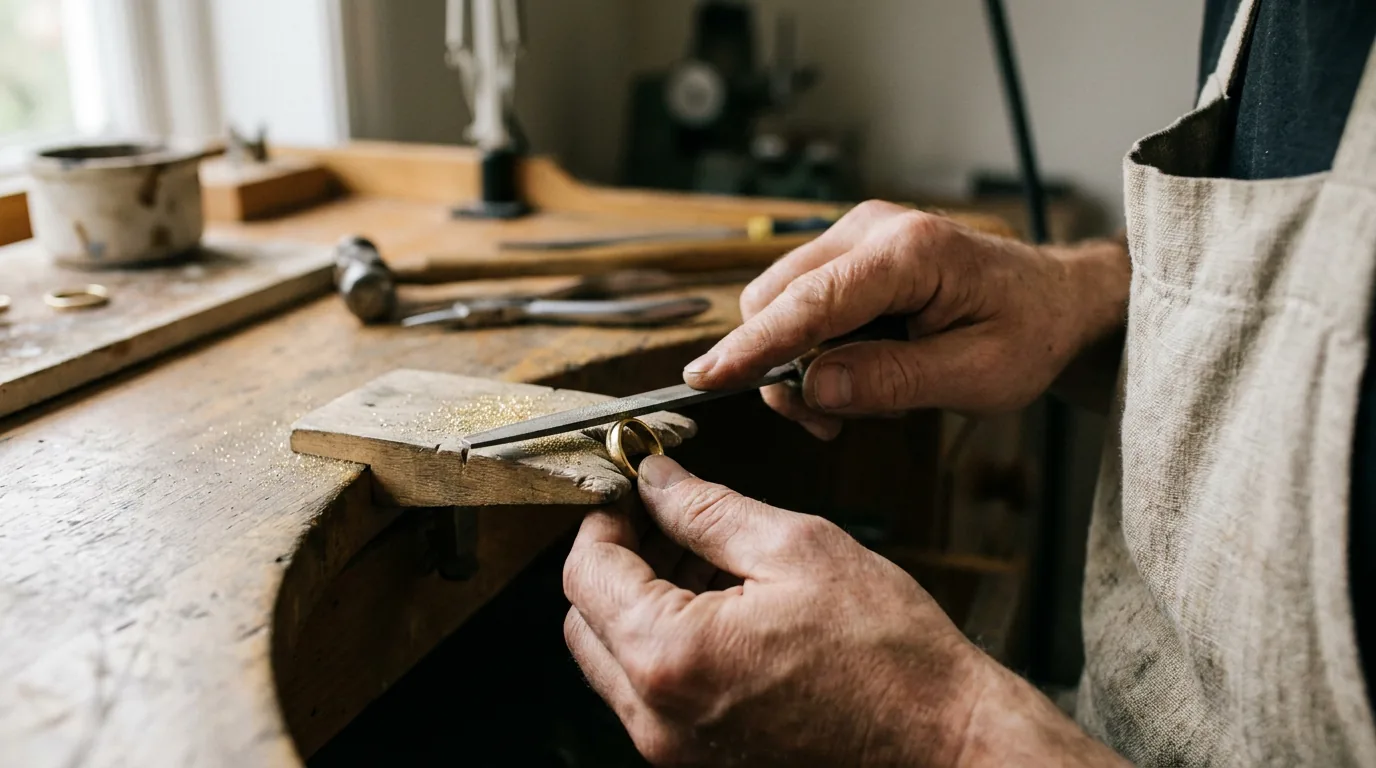 A goldsmith's hands filing a gold ring against a worn wooden bench pin