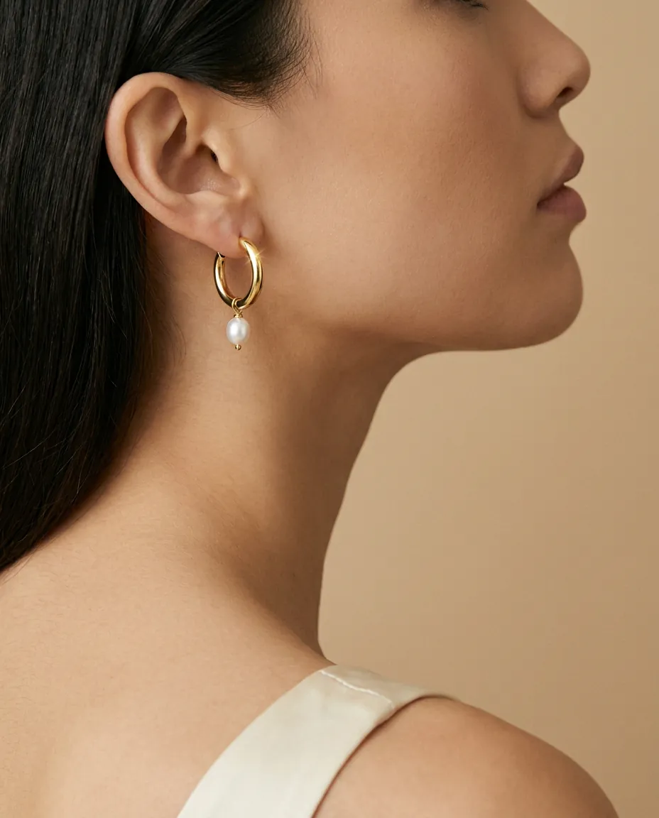 A gold hoop earring with a pearl drop, worn