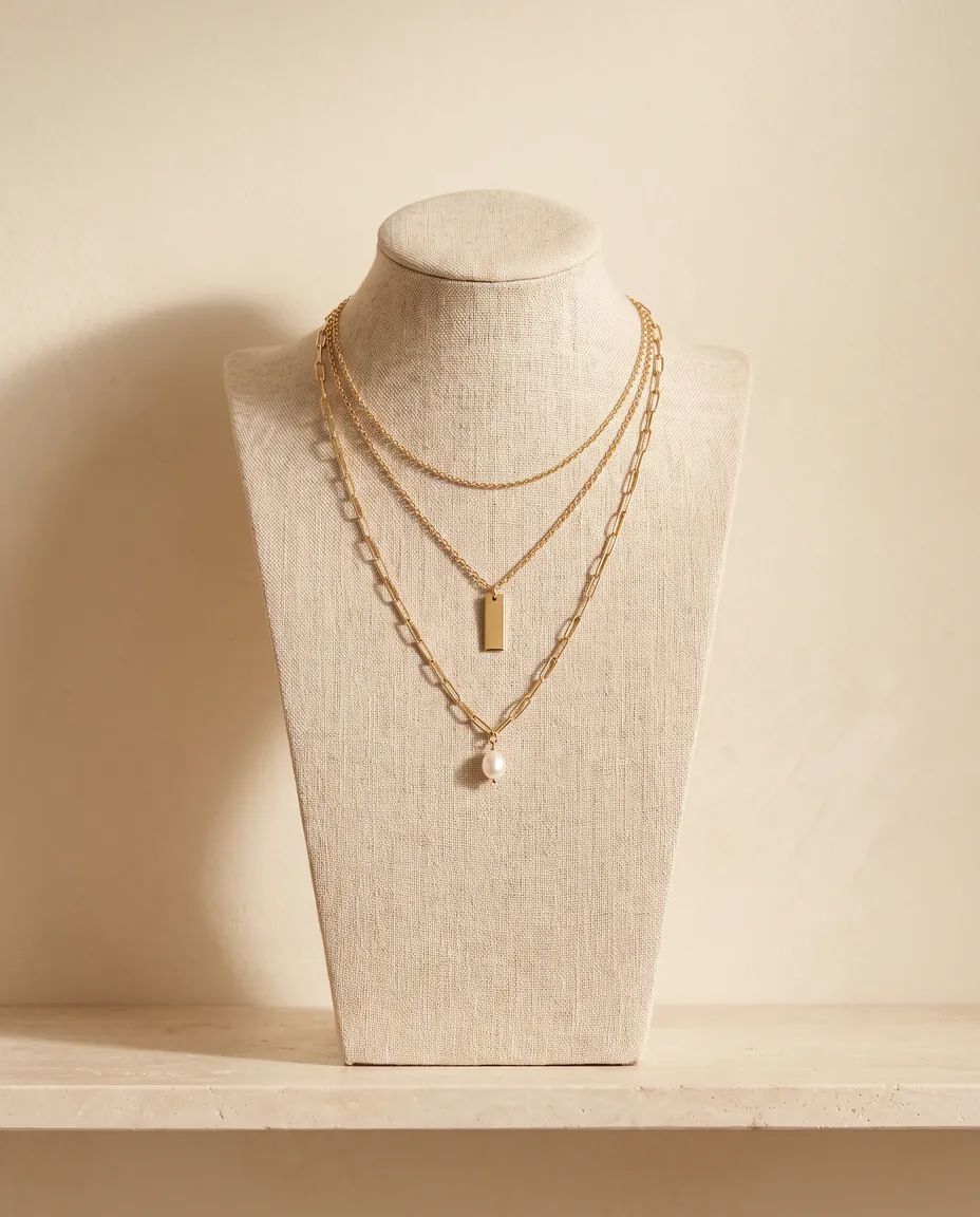 Three layered gold necklaces on a linen bust: a fine chain, a bar pendant and a pearl drop