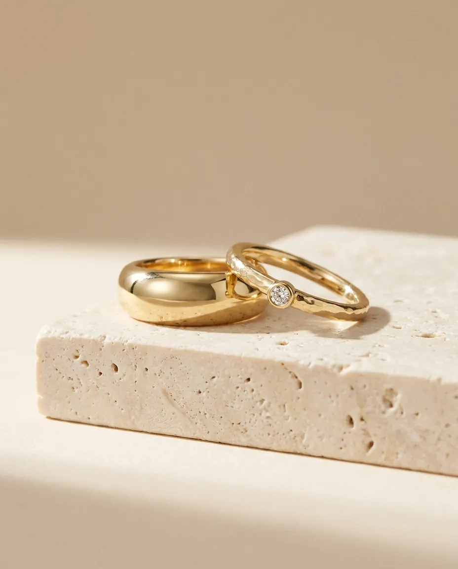 Two gold rings resting on a block of pale travertine