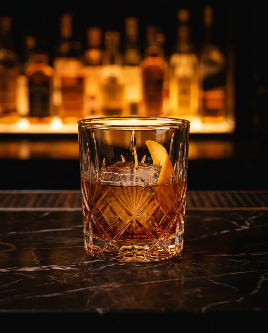 An old fashioned in a cut crystal glass on a dark marble bar