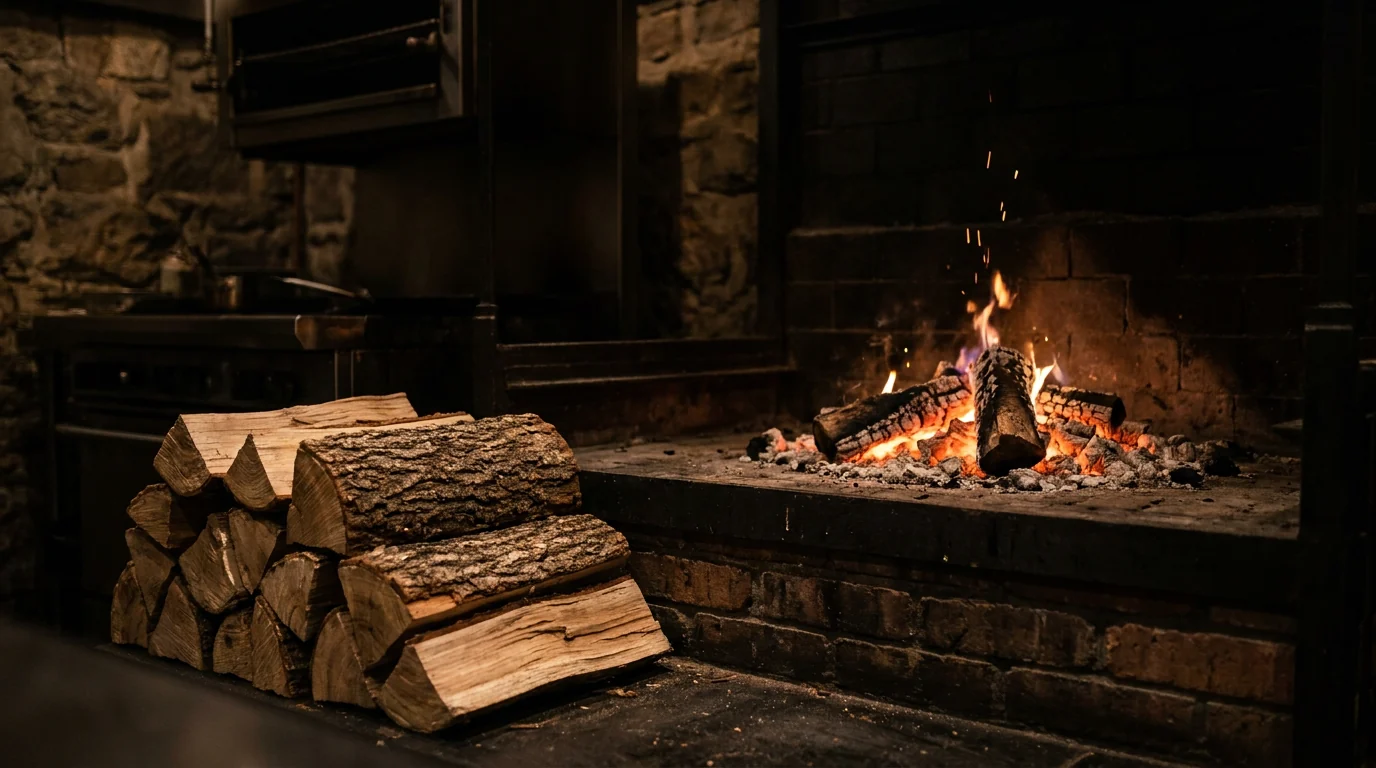 Split white oak logs stacked beside a brick hearth where oak burns down to glowing embers