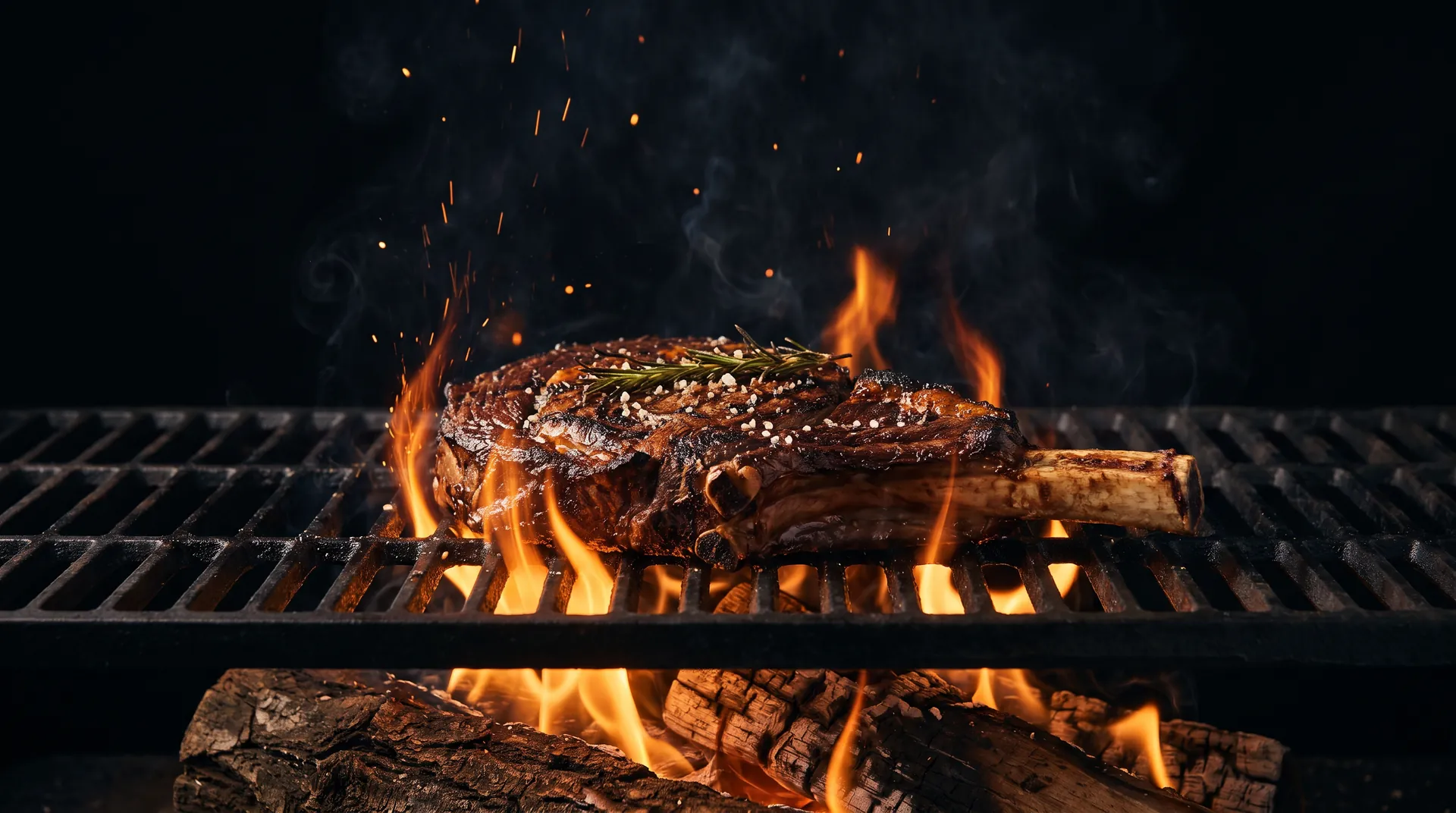 A bone in ribeye searing on an iron grate over burning oak logs, sparks rising into the dark