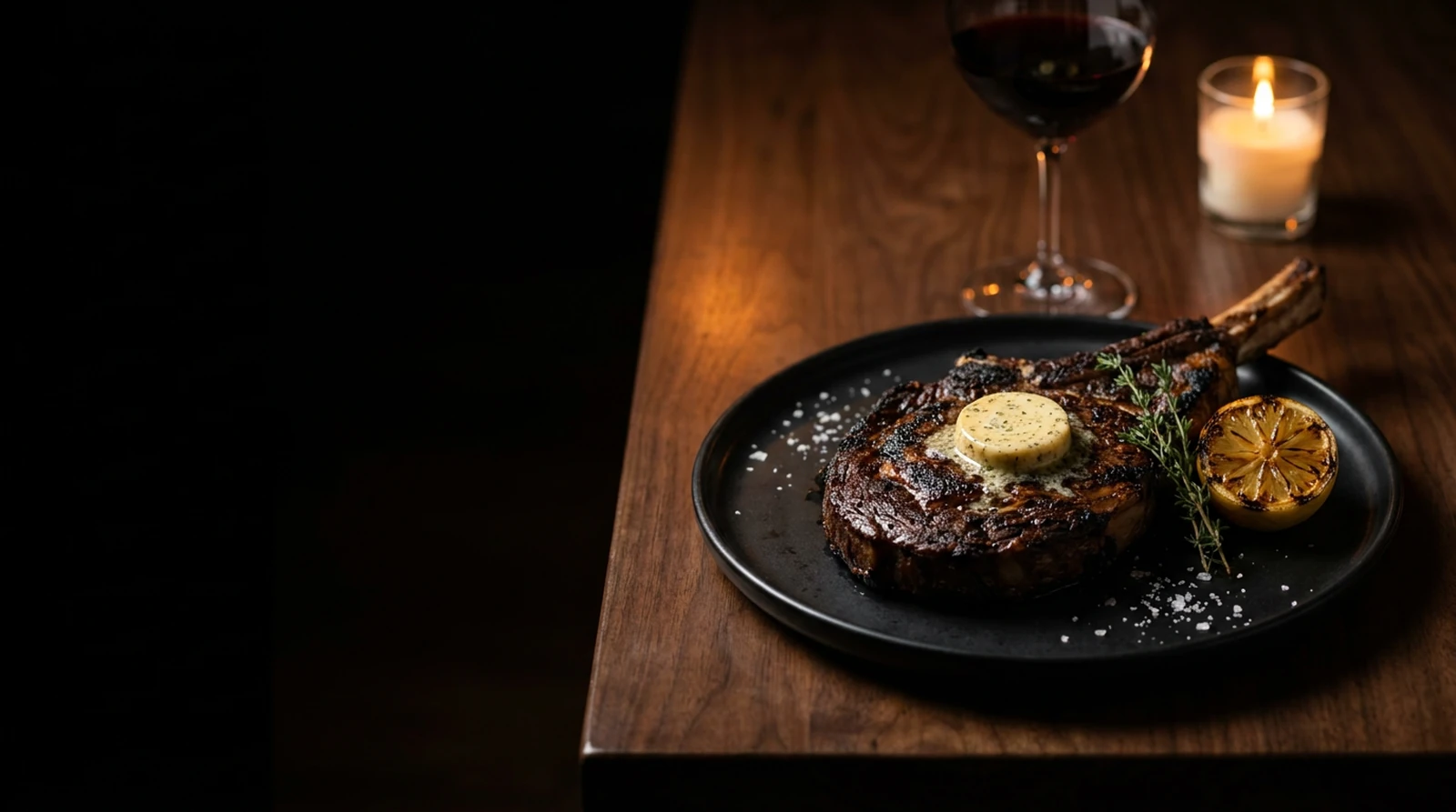 A bone in ribeye on a black plate with marrow butter melting on top, a charred lemon, red wine and a candle
