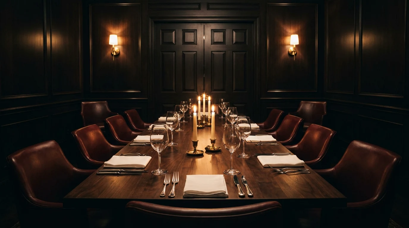 The Oak Room: a long walnut table set for ten with taper candles, leather chairs and dark panelled walls