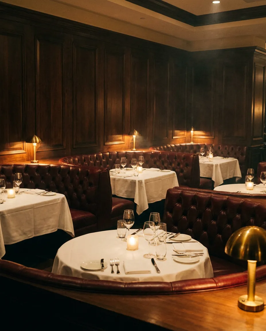 Candlelit dining room with dark wood panelled walls, oxblood leather booths and white linen tables