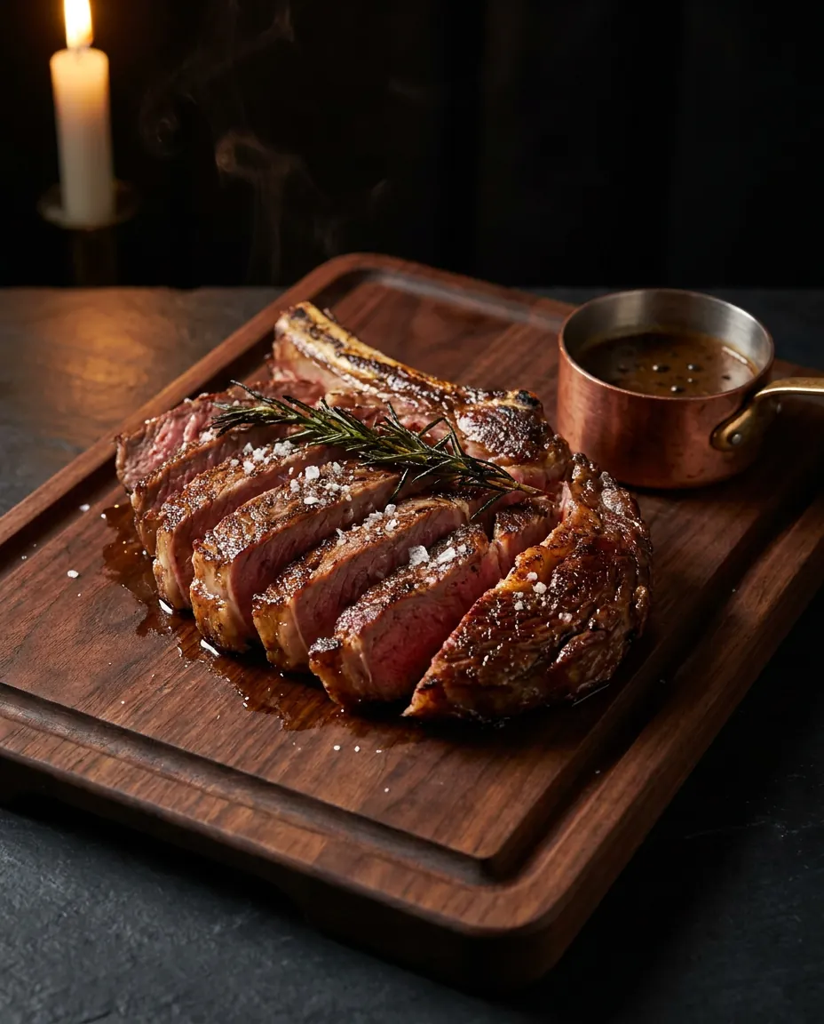 Sliced bone in ribeye on a walnut board with rosemary, sea salt and a small copper pan of peppercorn sauce