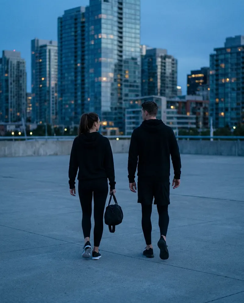 Two people in black kit walking toward a city skyline with a gym bag