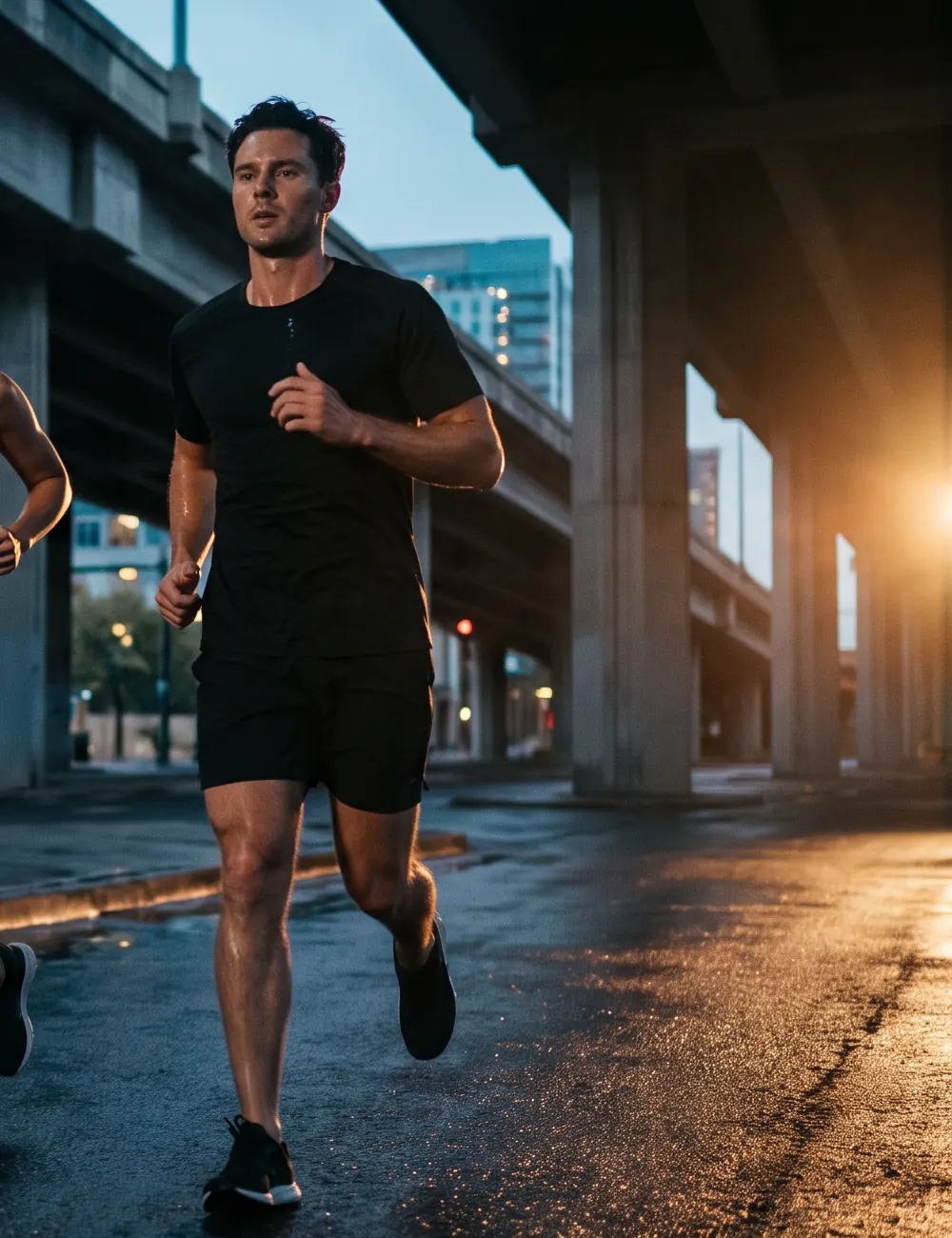 Two runners mid stride under a concrete overpass at sunset