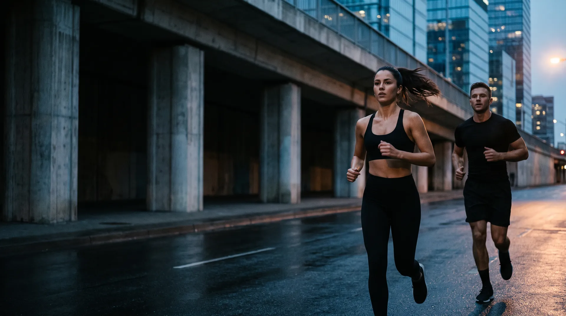Two runners in black training kit on a wet city street at dusk