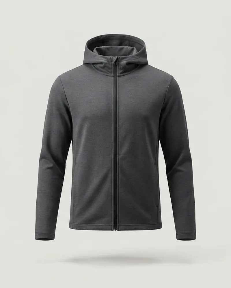 Graphite grey zip hoodie with a black zip on a pale grey background