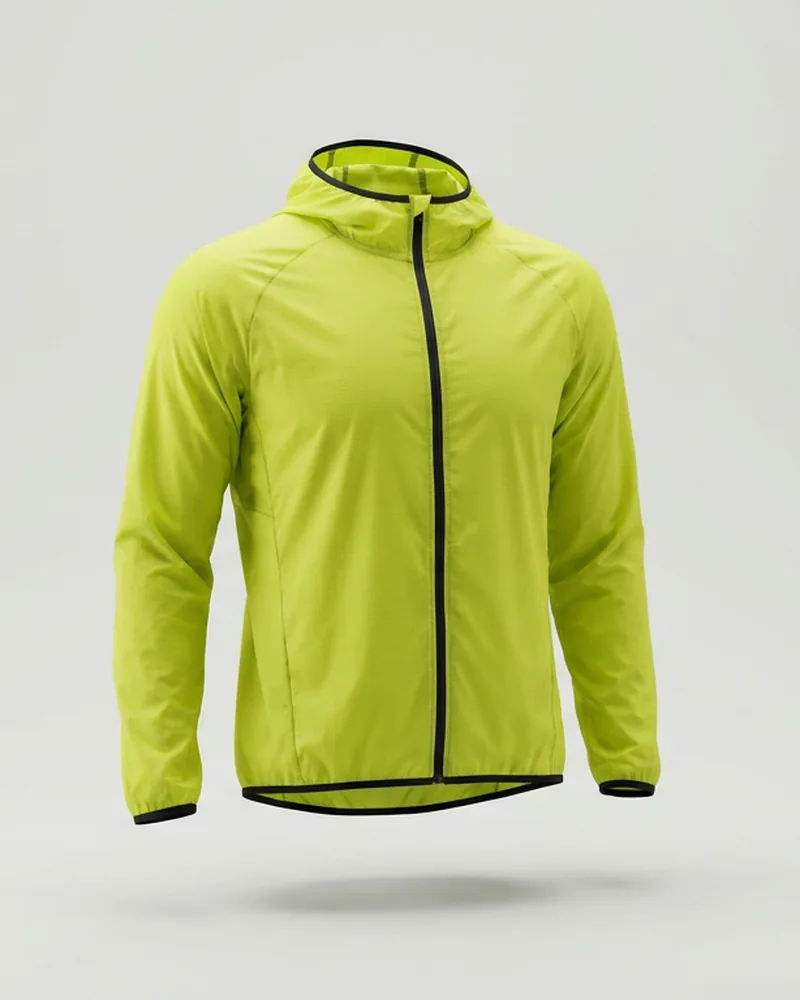 Lime running shell jacket with a black zip on a pale grey background