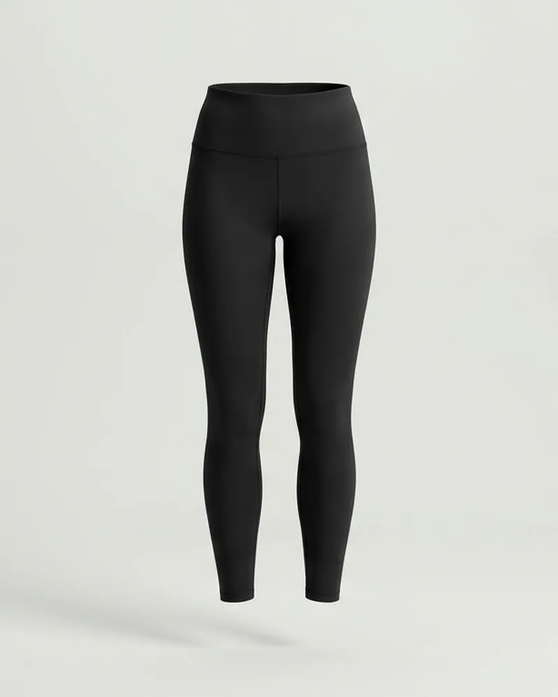 Black high rise leggings on a pale grey background
