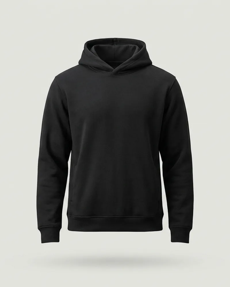 Black hooded pullover on a pale grey background