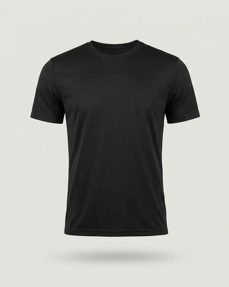 Black short sleeve training tee on a pale grey background
