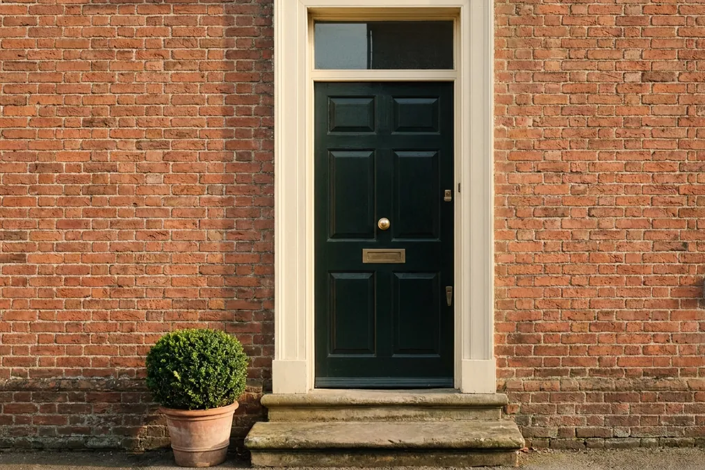 A dark green panelled door with a brass handle, set in a red brick wall above two stone steps
