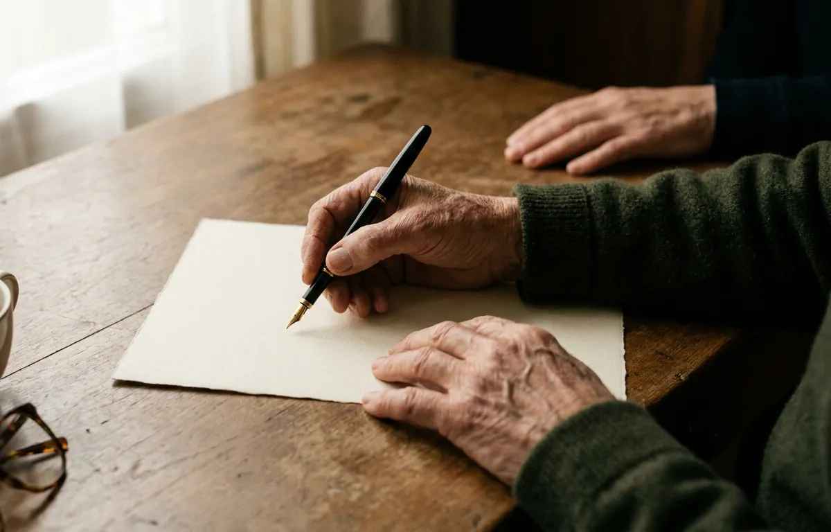 Hands holding a fountain pen over a sheet of cream paper on a wooden desk