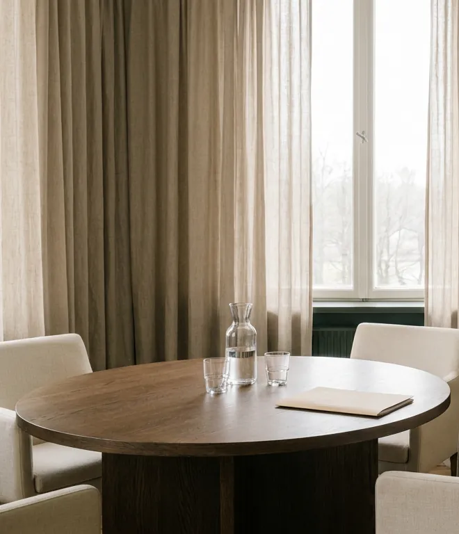 A round oak meeting table with linen chairs beside a tall curtained window