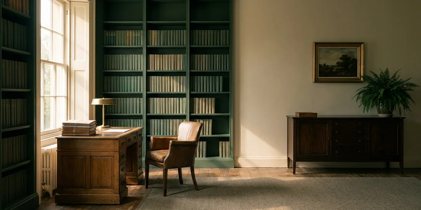 A quiet office with green bookshelves, an oak desk and morning light from a tall window