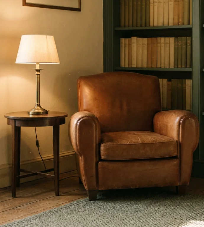 A worn leather armchair beside a lit brass lamp and green bookshelves in afternoon light