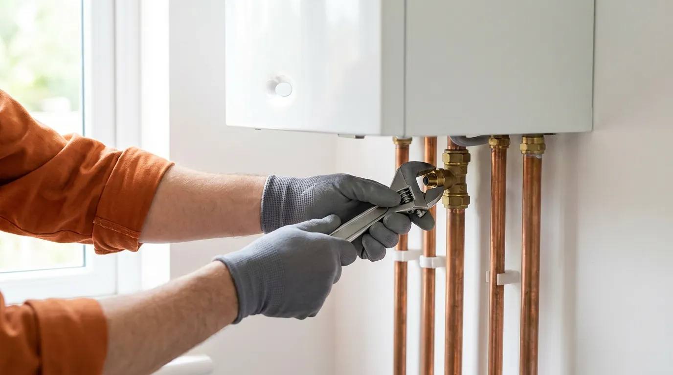 A technician in an orange work shirt tightening a brass fitting on copper pipes beneath a white boiler