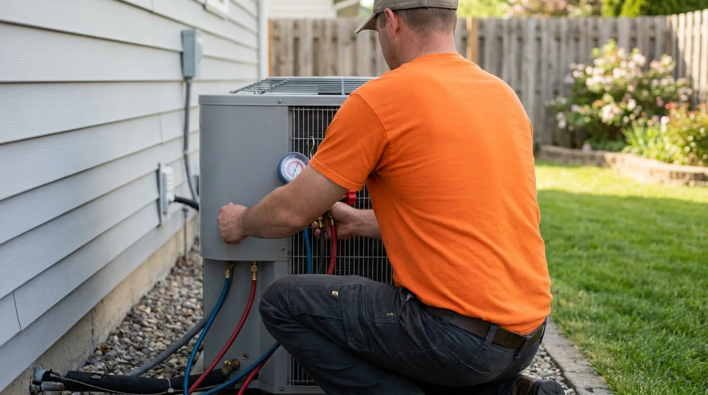 A technician in an orange shirt kneeling beside an outdoor air conditioning unit, connecting red and blue gauge hoses, seen from behind
