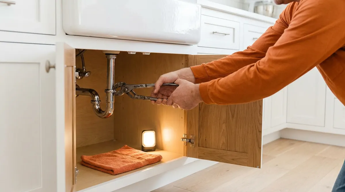 A plumber in an orange shirt tightening the trap under a white kitchen sink, a folded towel and work light inside the cabinet