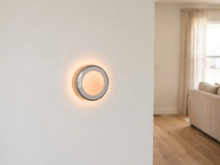 A round wall thermostat glowing soft orange on a white wall, a bright living room behind it