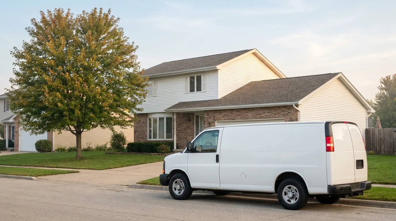 A plain white service van parked outside a two storey brick and siding family home on a quiet street