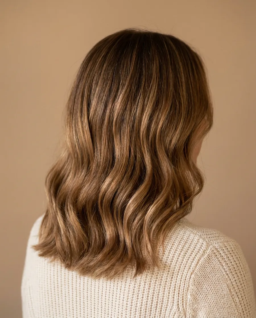 Shoulder length hair in soft waves with warm, dimensional balayage, seen from behind