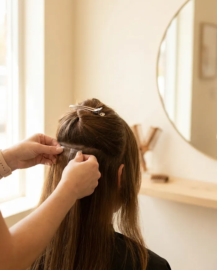Hands sectioning long brown hair with a clip, close up
