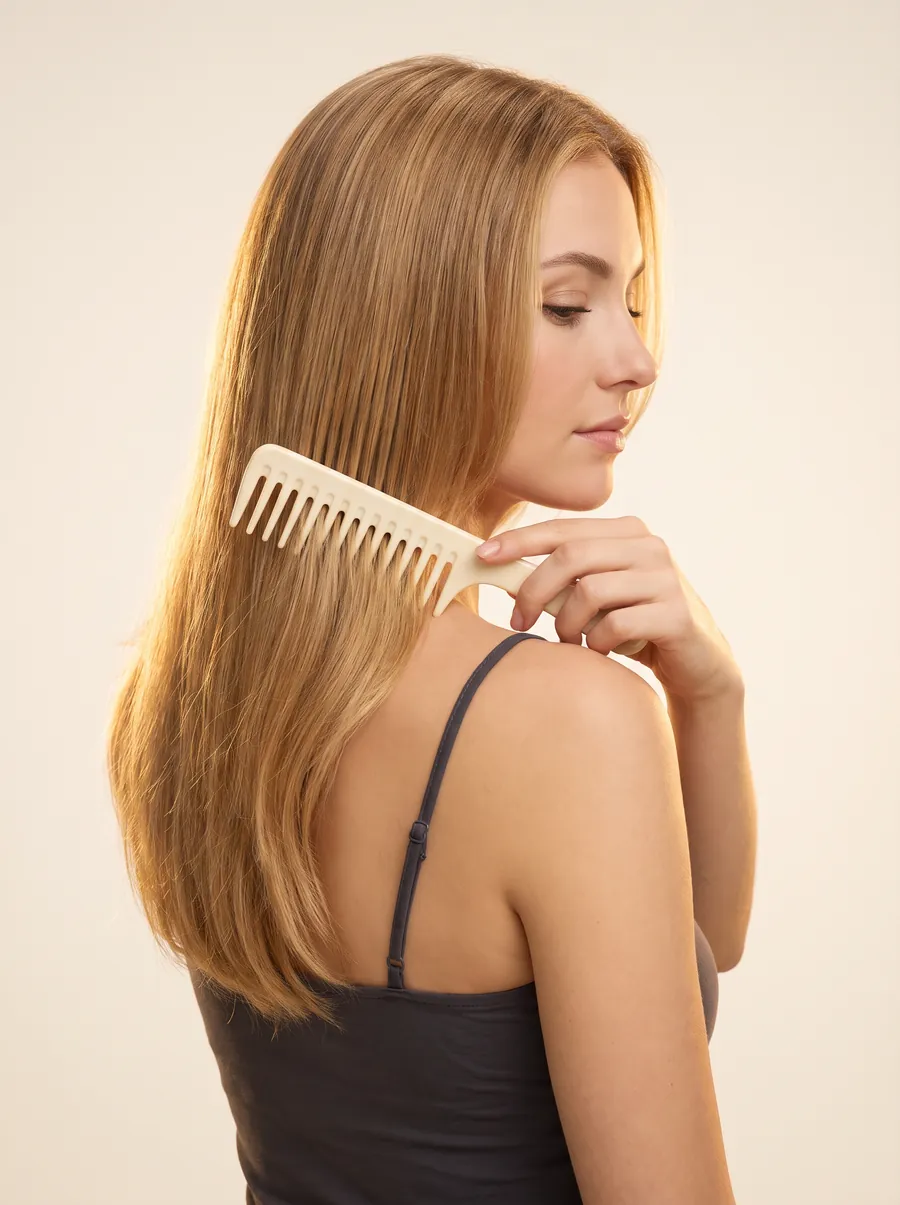 A woman glances down over her shoulder while combing long, golden hair