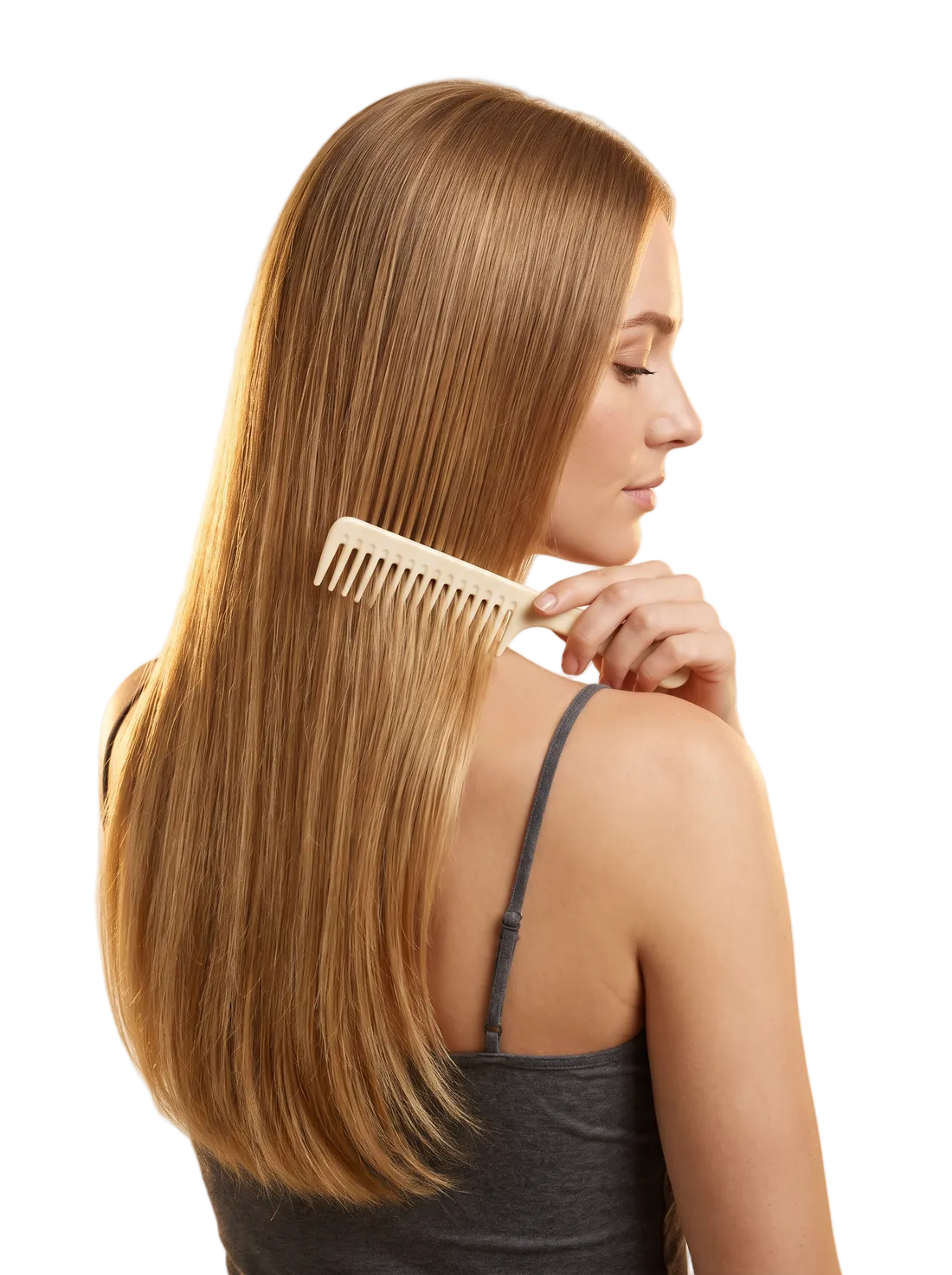 A woman in profile draws a wide comb through long, glossy honey blonde hair
