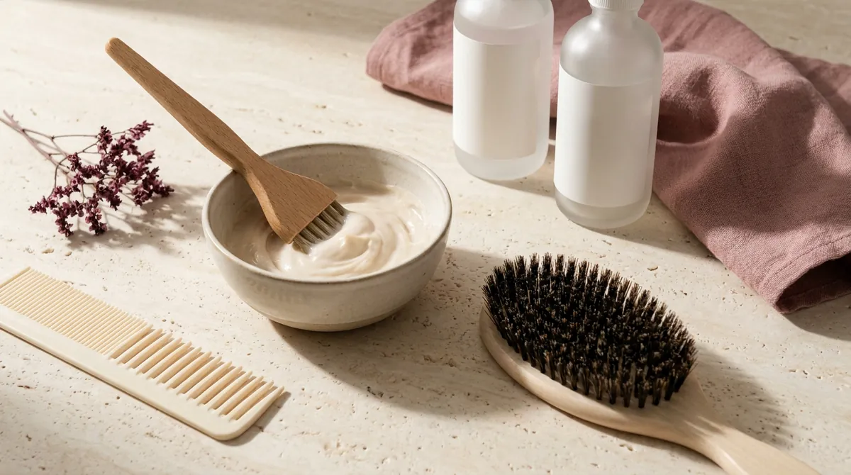 A bowl of treatment mask with a brush, a cream comb, a wooden hairbrush and a rose linen towel on pale stone