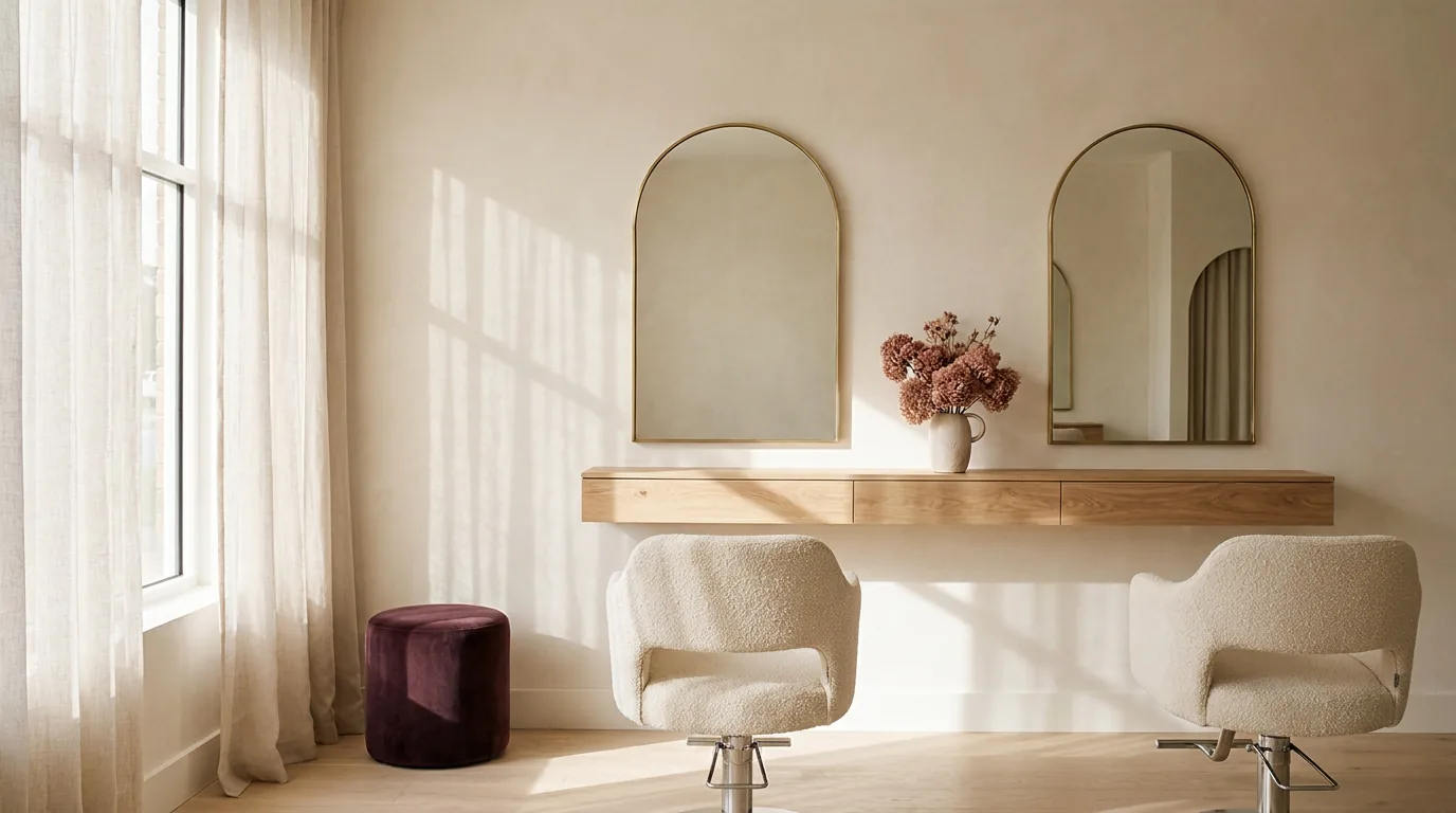The empty studio in morning light: arched mirrors, cream chairs, pale oak floor and linen curtains