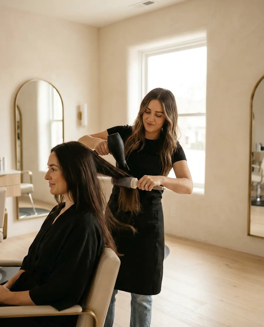 A stylist blow dries a seated guest's long dark hair beside an arched mirror and a bright window