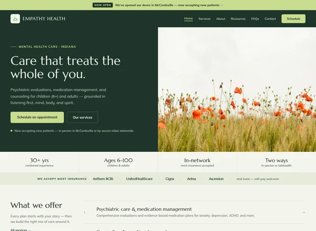 Empathy Health homepage with a forest-green header, welcoming headline, and service navigation.