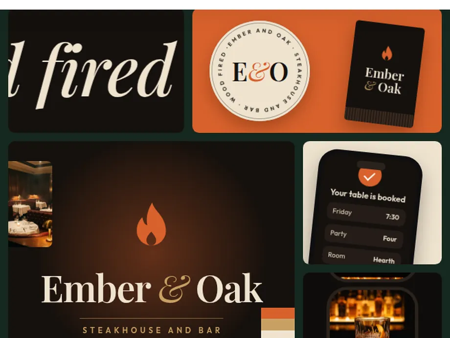 Logo, coaster, matchbook and a phone screen for Ember and Oak, a concept steakhouse