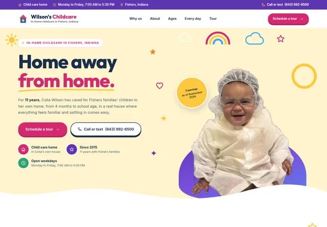 Wilson's Childcare home page with a cheerful yellow hero and buttons to schedule a tour.
