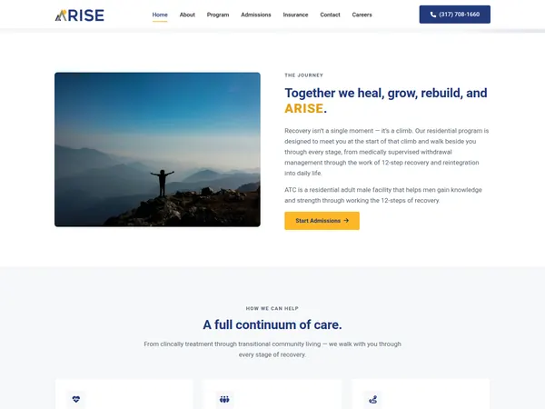 Arise Treatment Center journey section, a mountain photograph beside a short text about recovery.