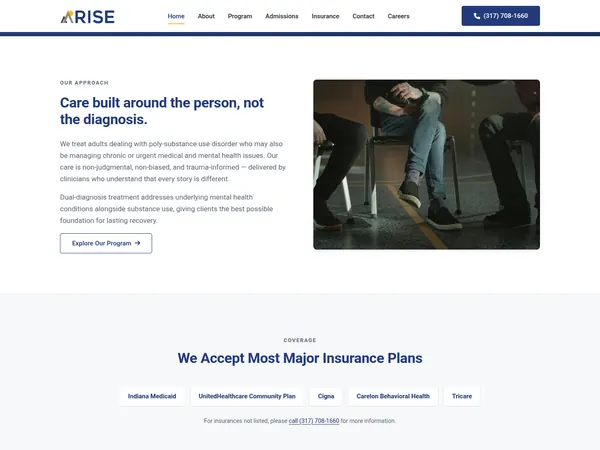 Arise Treatment Center program cards above a navy band with buttons to verify insurance and to call.
