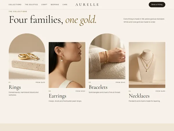 Aurelle collections section with four arched photographs of rings, earrings, bracelets and necklaces.