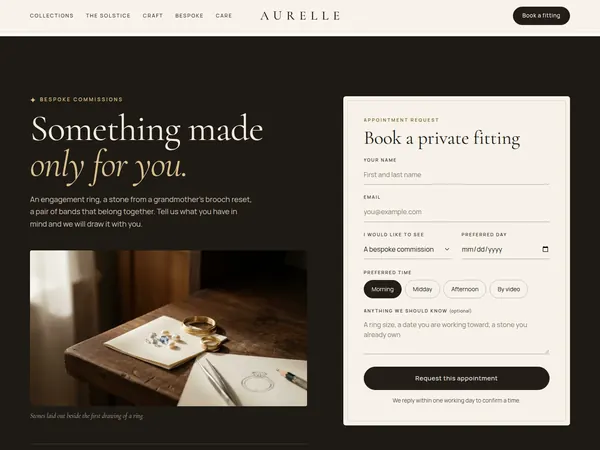 Aurelle bespoke section on black, with a form to book a private fitting.