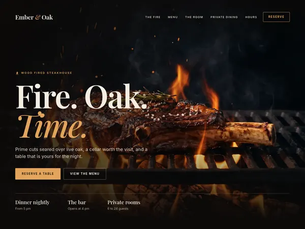 Ember and Oak concept home page, a steak over open flames behind a large serif headline.