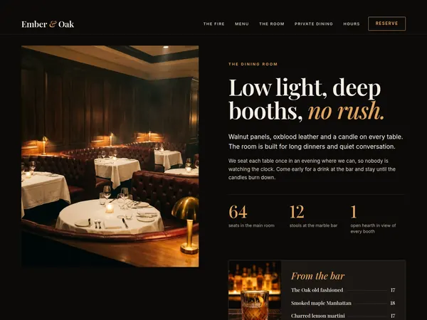Ember and Oak dining room section with candlelit booths and a short bar menu.