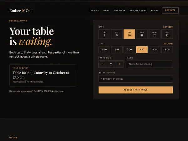 Ember and Oak reservation section with a date and time picker.