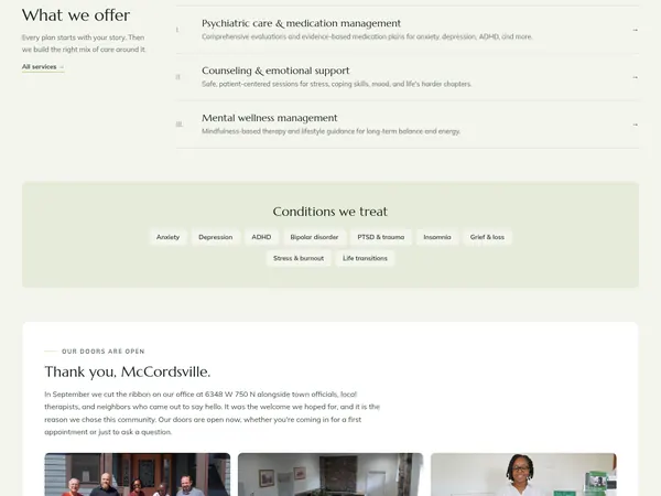 Empathy Health services list and a panel of the conditions the practice treats.
