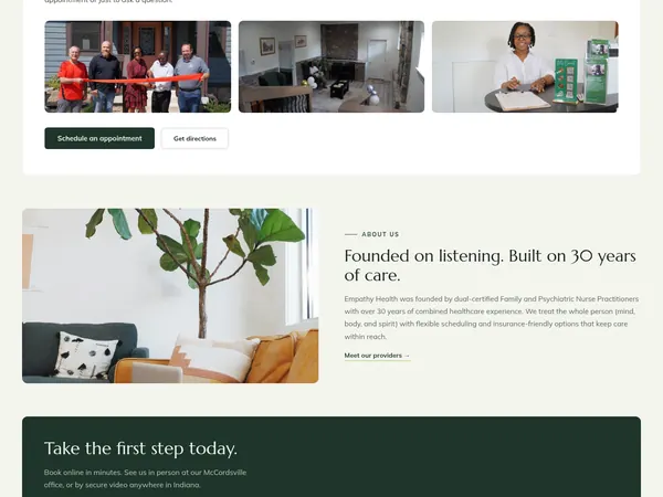 Empathy Health about section with photographs and a dark green band inviting a first appointment.